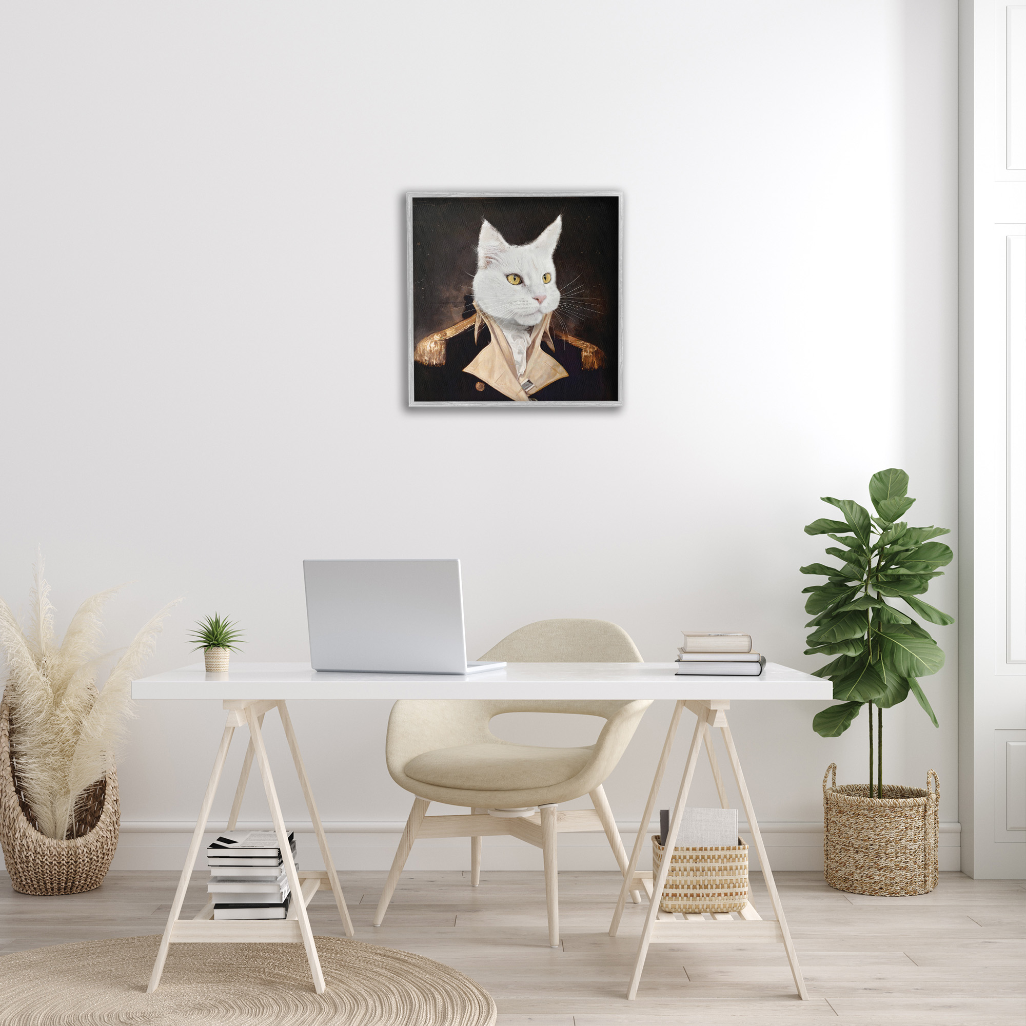 Stupell Industries White Cat in Uniform Animals & Insects Painting Gray Framed Art Print Wall Art, 24 x 24