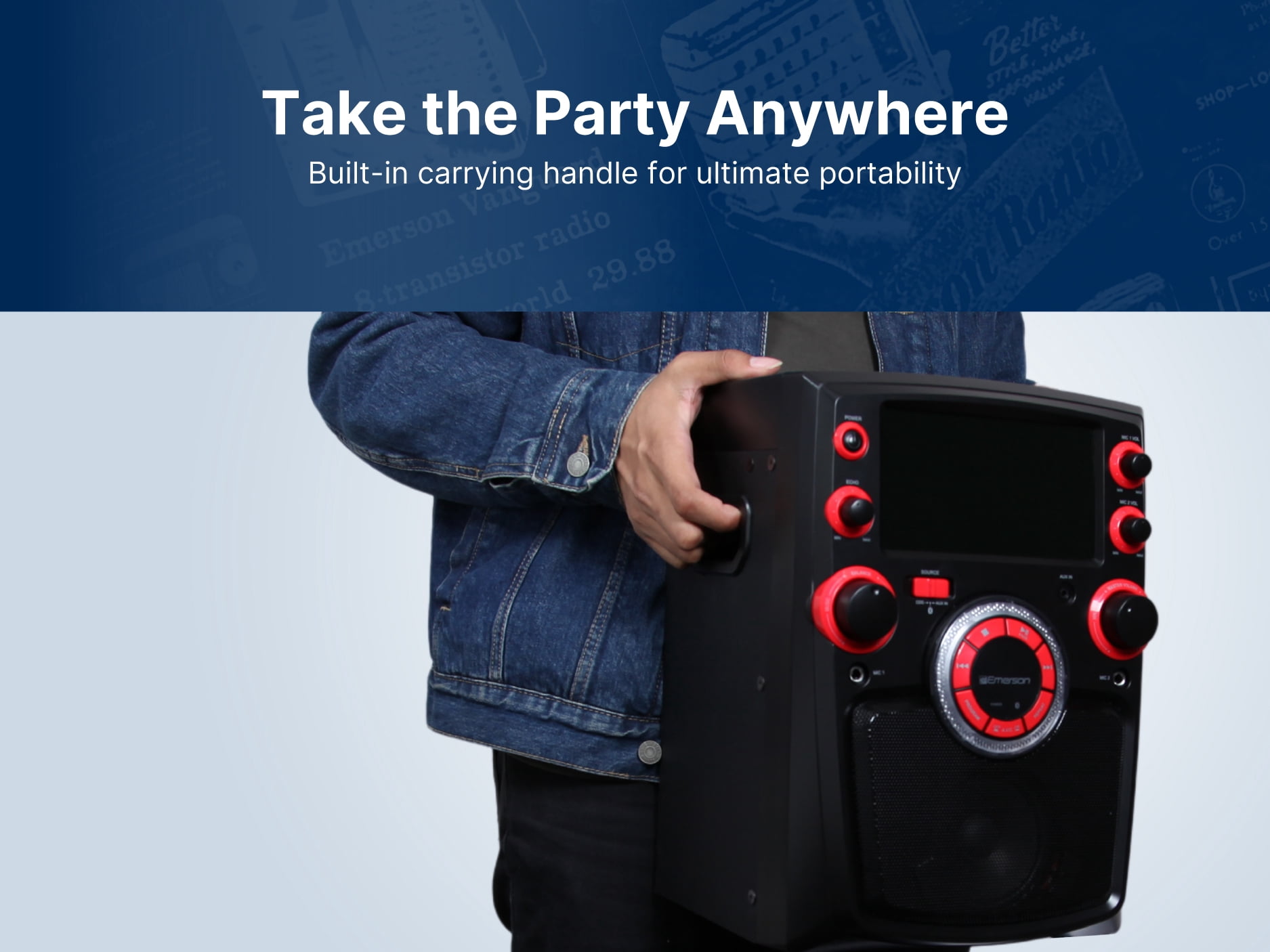 Emerson Portable Bluetooth Karaoke System with 7" LCD Display and Mic Input