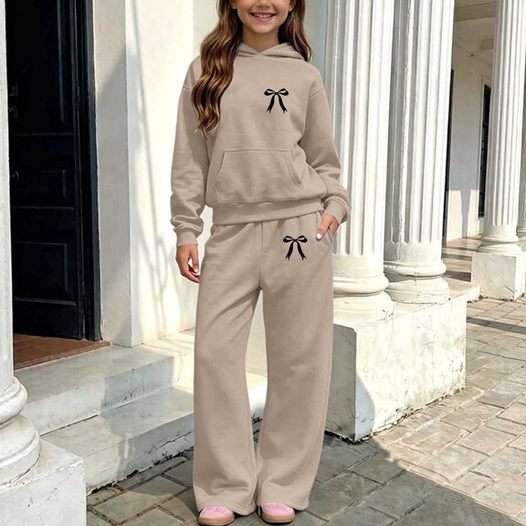 AVRNLIQ Girls Wide Leg Sweatpants and Hoodie 2-Piece Set, Khaki, Sizes 5-14,Size 13-14 T