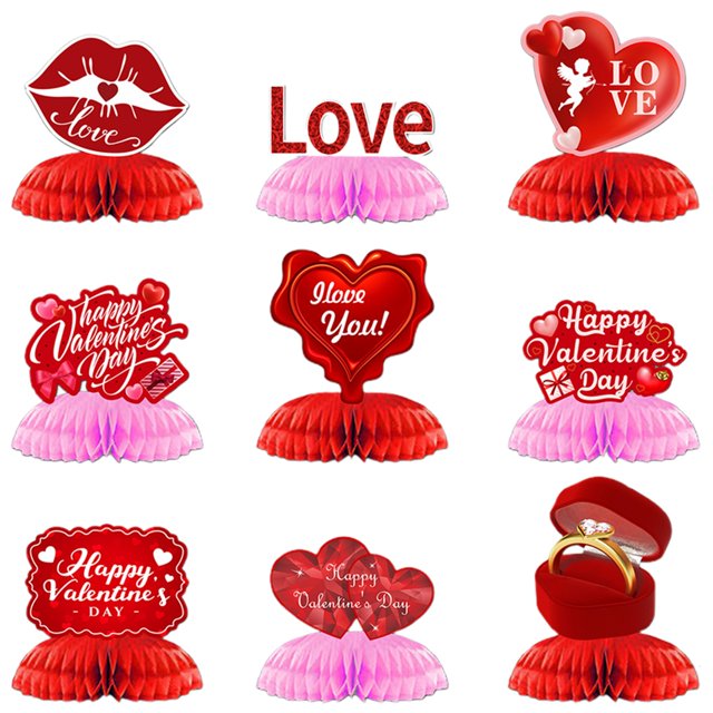 Diconna Valentine's Day Cubic Structure Centerpieces 9 Pcs 3D Heart Cupid Rose Paper Table Decorations for Party