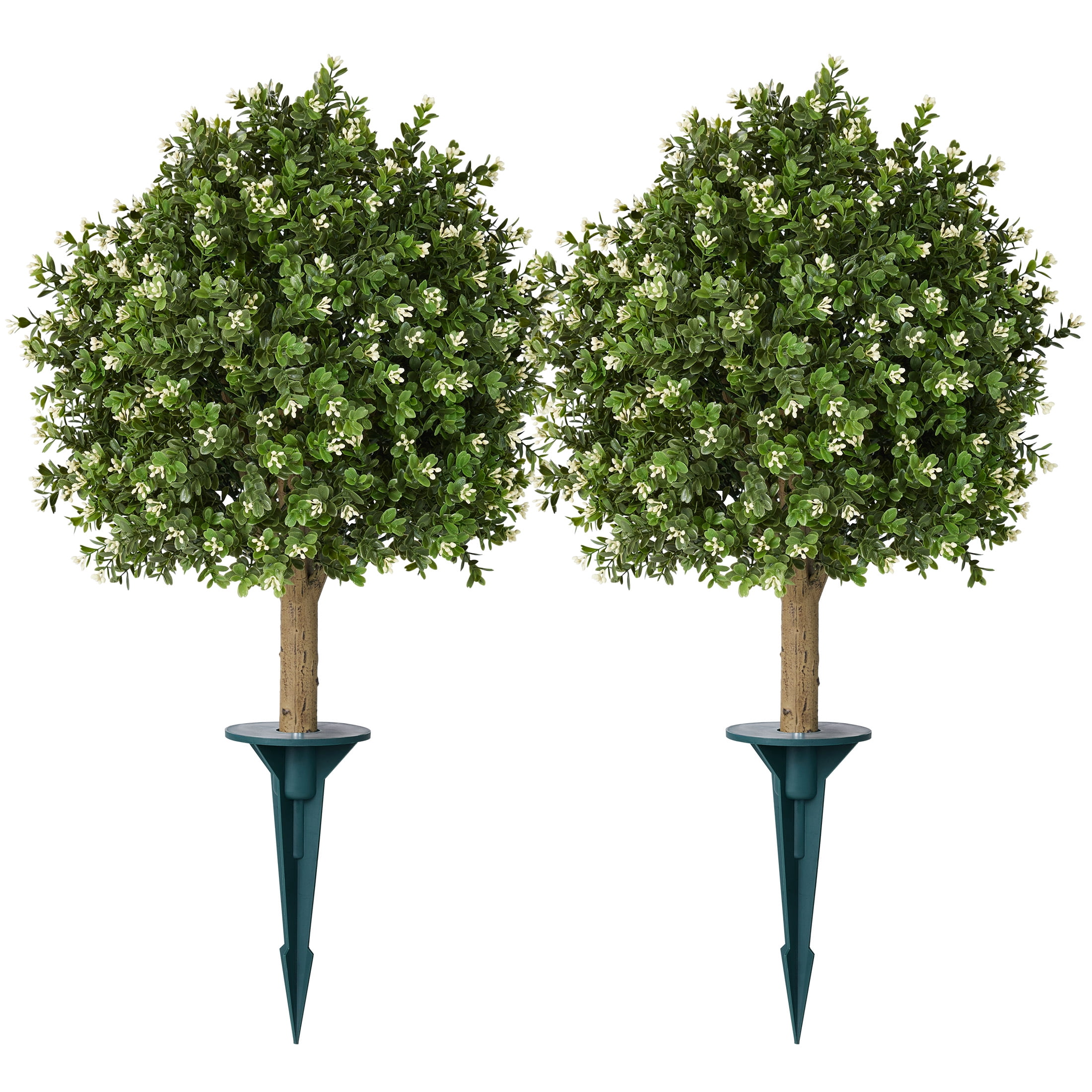 DR.Planzen 16'' Artificial Boxwood Topiary Ball Plant with White Flowers, Fake Flowering Shrub with Ground Spike, UV Resistant Faux Outdoor Greenery for Garden Porch Decor