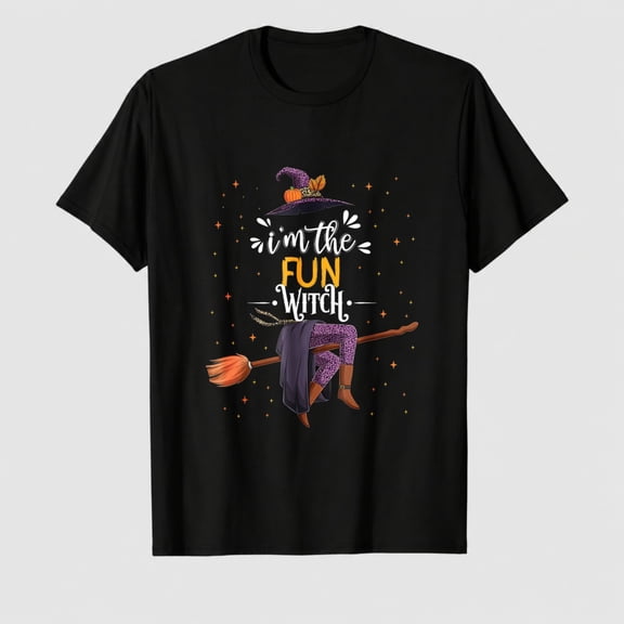 Women's Halloween Fun Witch Broom Graphic T-Shirt, 100% Cotton Short Sleeve Shirt