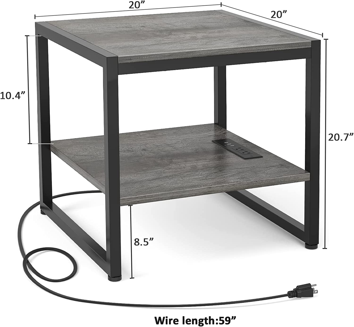 iSunirm Mini Refrigerator Stand with Charging Station, 2-Tier Portable Fridge Table with Storage for Dining, Kitchen, Living Room, Gray Oak