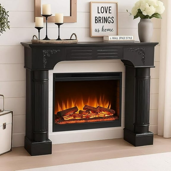 HOMEDIARY Modern Fireplace Mantel Surround, Black Freestanding Surround Mantel for Electric Fireplace, Waterproof & Anti-Tipping, Premium MDF Wooden Mantel with Leg for Living Room