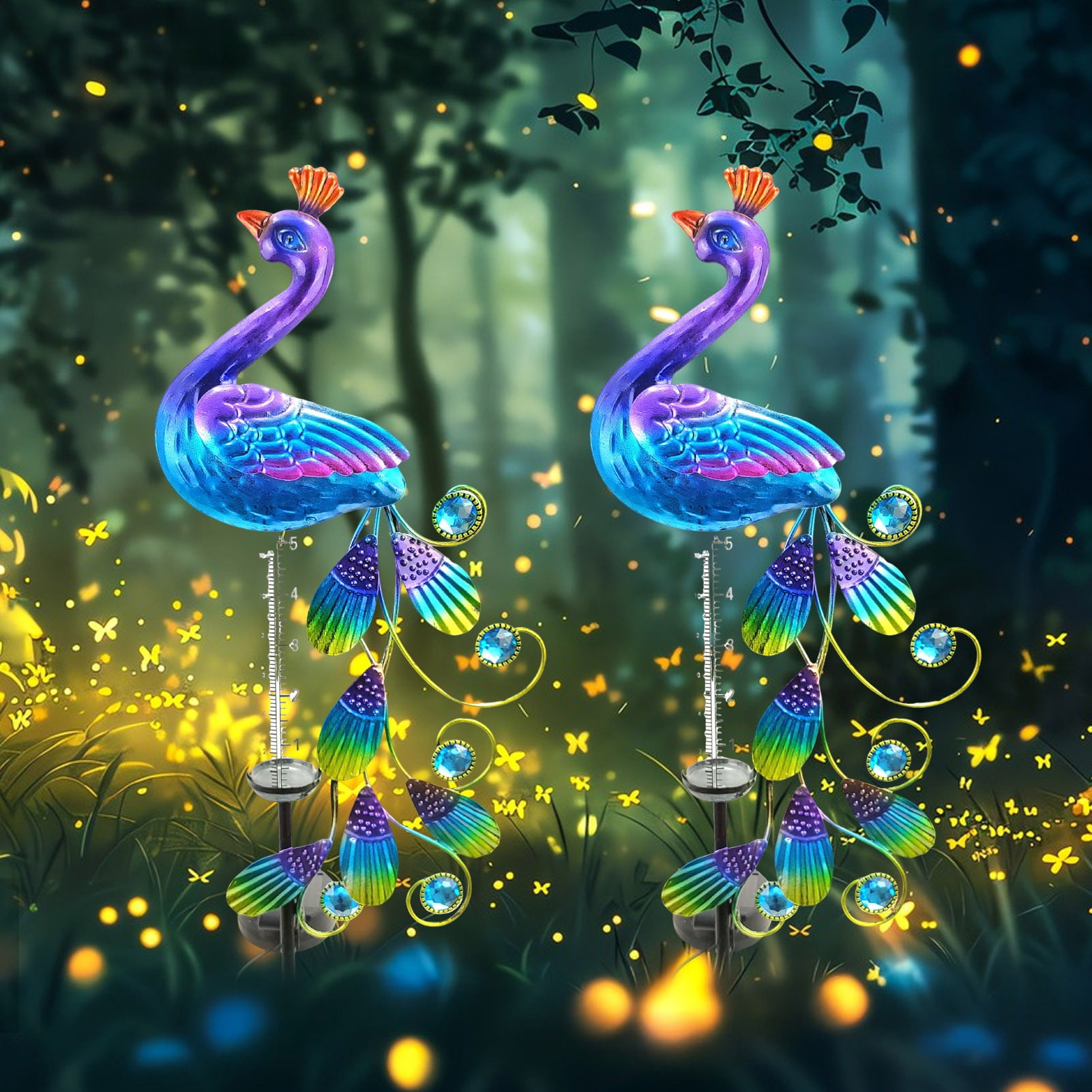 Hyasfey Solar Peacock Rain Gauge Outdoor Freeze-Proof Water Gauge Lighted Peacock Rainfall Indicator with Metal Stake for Garden Lawn Decor