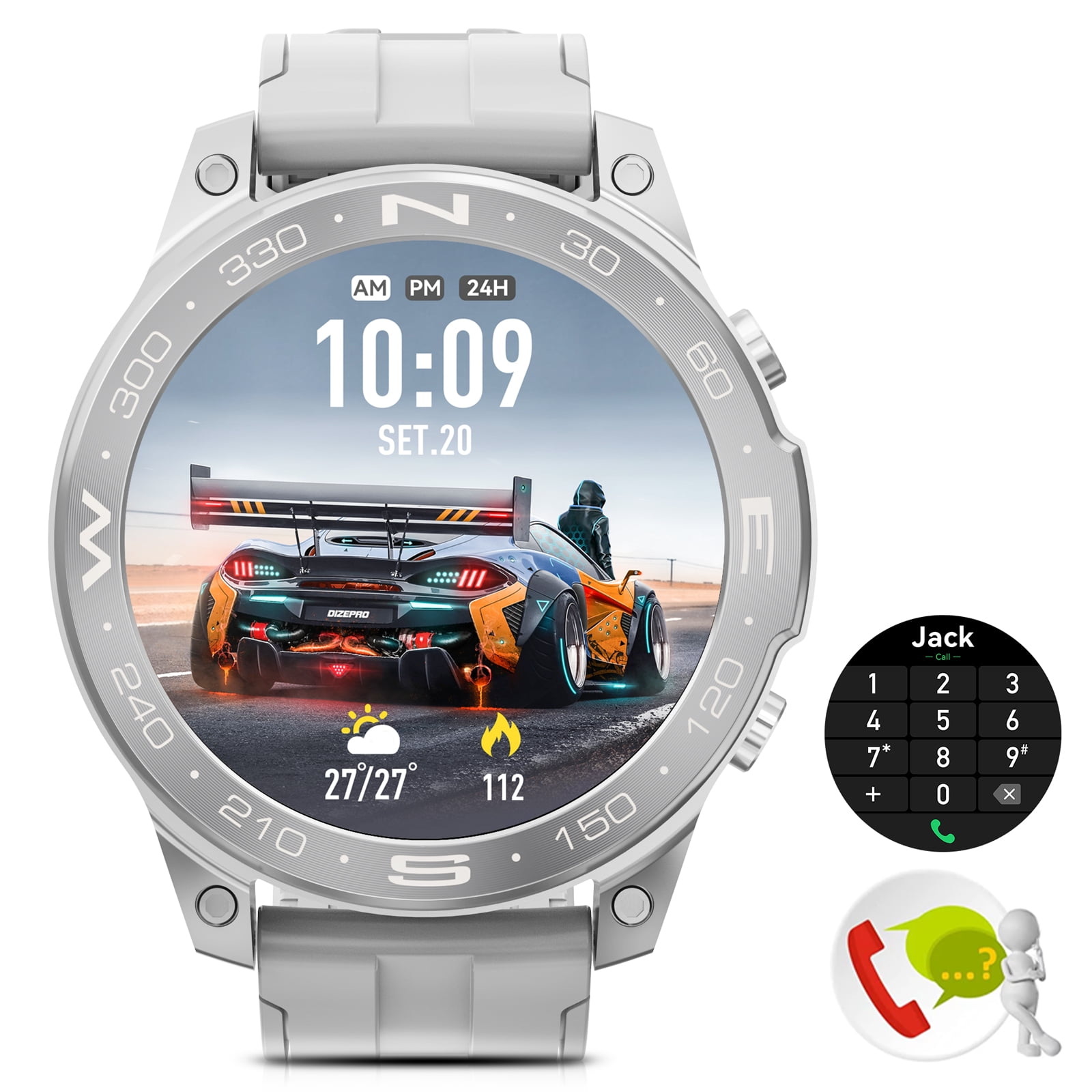 Men Smart Watch Bluetooth Talking 1.43 inch IP68 Waterproof Heart Rate Monitoring Fitness Sports Smart Watch Women Silver DM50