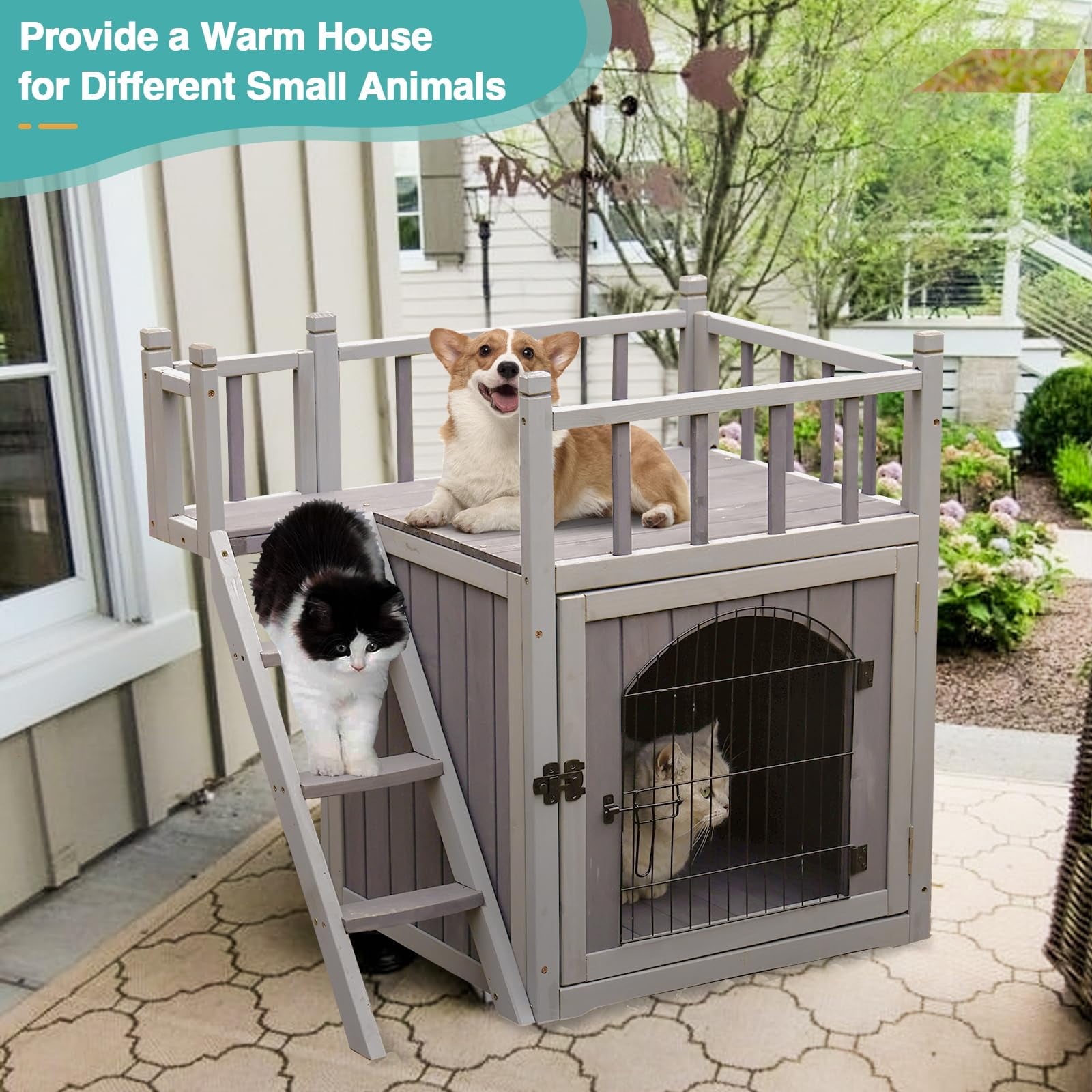 Aivituvin Wooden Cat House Outdoor Kitty Shelter Pet Houses with Stairs, 2 Storys