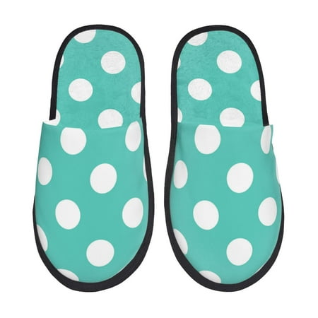 Balery Teal Turquoise And White Polka Dot Slient Indoor Furry Fleece Comfort House Shoes Soft Non-Slip Home Shoes Cotton slippers House Slippers-- Large