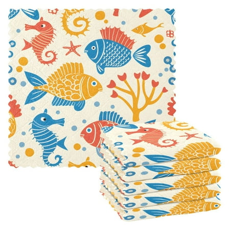 

6 Packs Cartoon Fish and Seahorse Kitchen Dish Towels Soft Absorbent Dish Cloths 11 x11