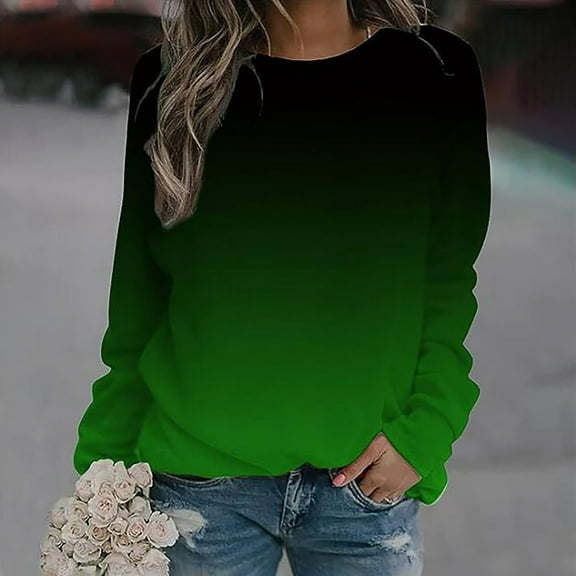 Dowegor Ladies Fashion Gradient Round Neck Casual Long Sleeve Sweatshirt Top Crewneck Sweatshirts Women Womens Long Sleeve Tops Oversized Sweatshirt for Women Green 2Xl