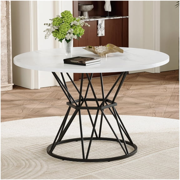 47 inch Round Kitchen Table, White and Black Industrial Dining Table Set for 4-6 Seats