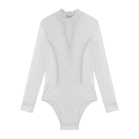 renvena Men's Long Sleeve Latin Dance Leotard Shirt Sparkling Salsa Samba Latin Jazz Dancewear White L