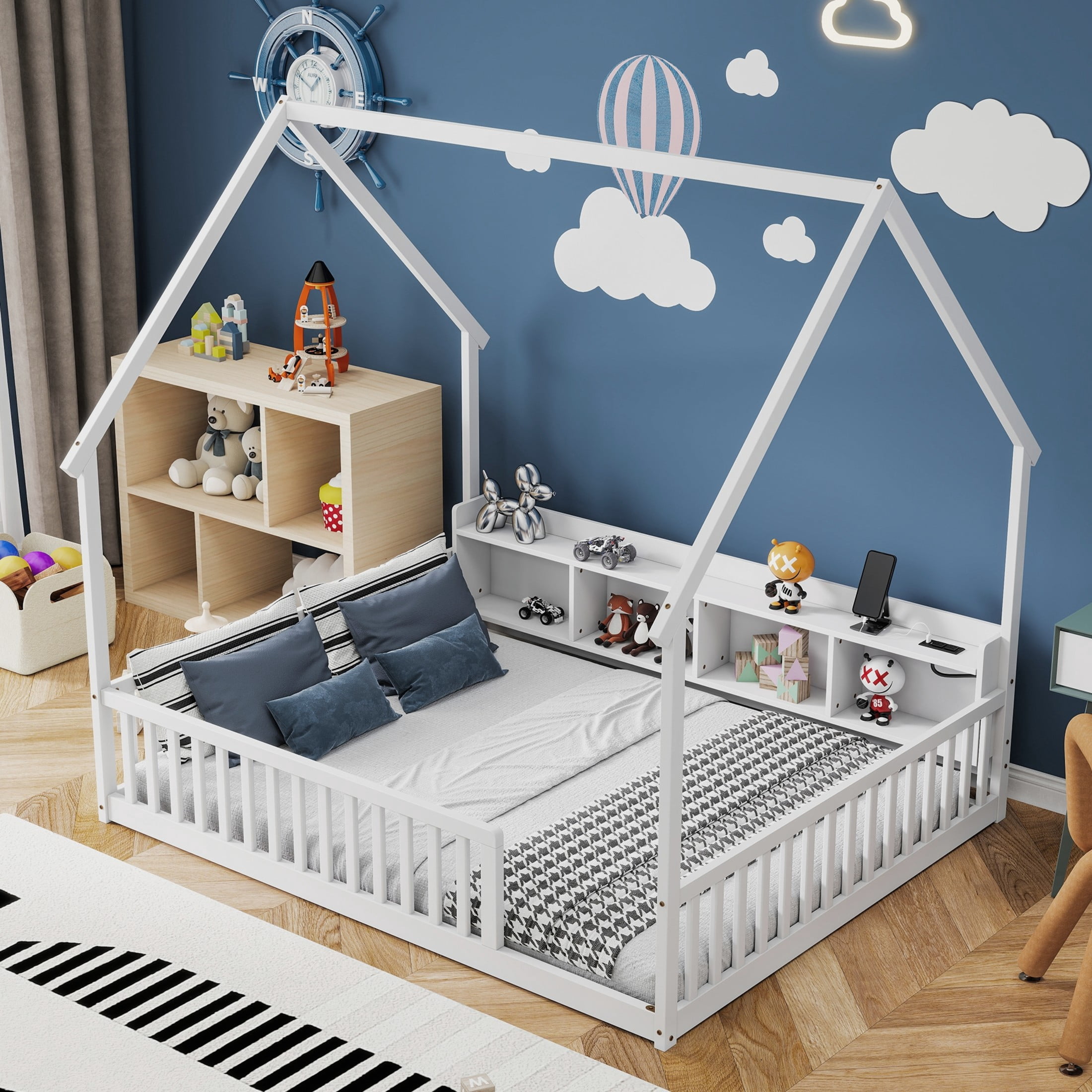 Noble House Norra Full Size Pine Wooden House Floor Bed with Storage Shelves, LED Lights & Charging Station, White