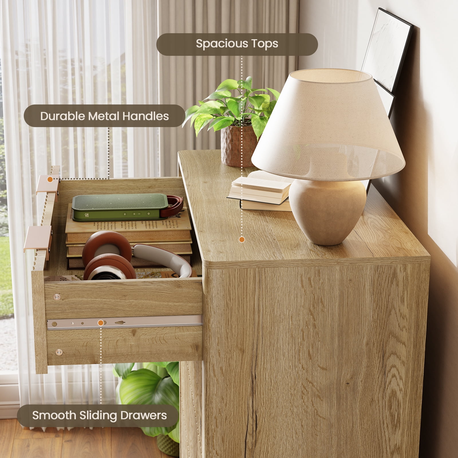 Fluted 5 Drawer Dresser for Bedroom 47" Wide Wooden Dresser TV Stand Modern Storage Organizer for Living Room, Hallway, Natural Oak