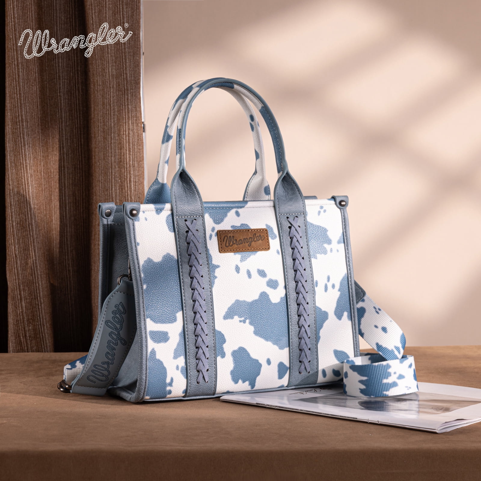 Wrangler Cow Print Tote Bag for Women Western Purse Boho Top Handle Satchel Handbag with Signature Strap, Cow-Blue