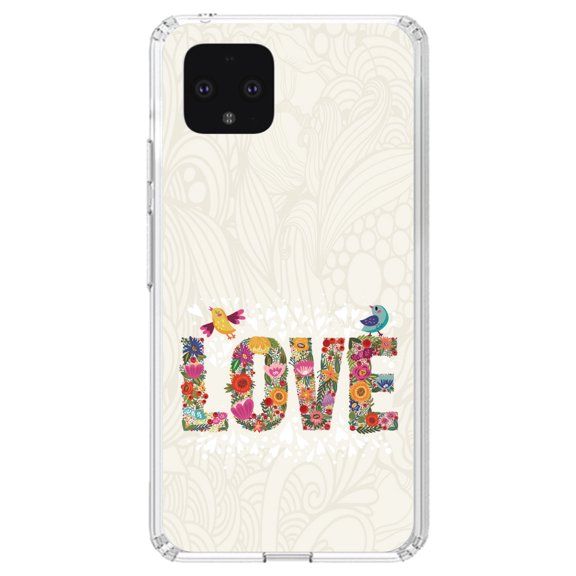 DistinctInk Clear Shockproof Hybrid Case for Google Pixel 4 (5.7" Screen) - TPU Bumper, Acrylic Back, Tempered Glass Screen Protector - Spring Collection - Floral LOVE Birds