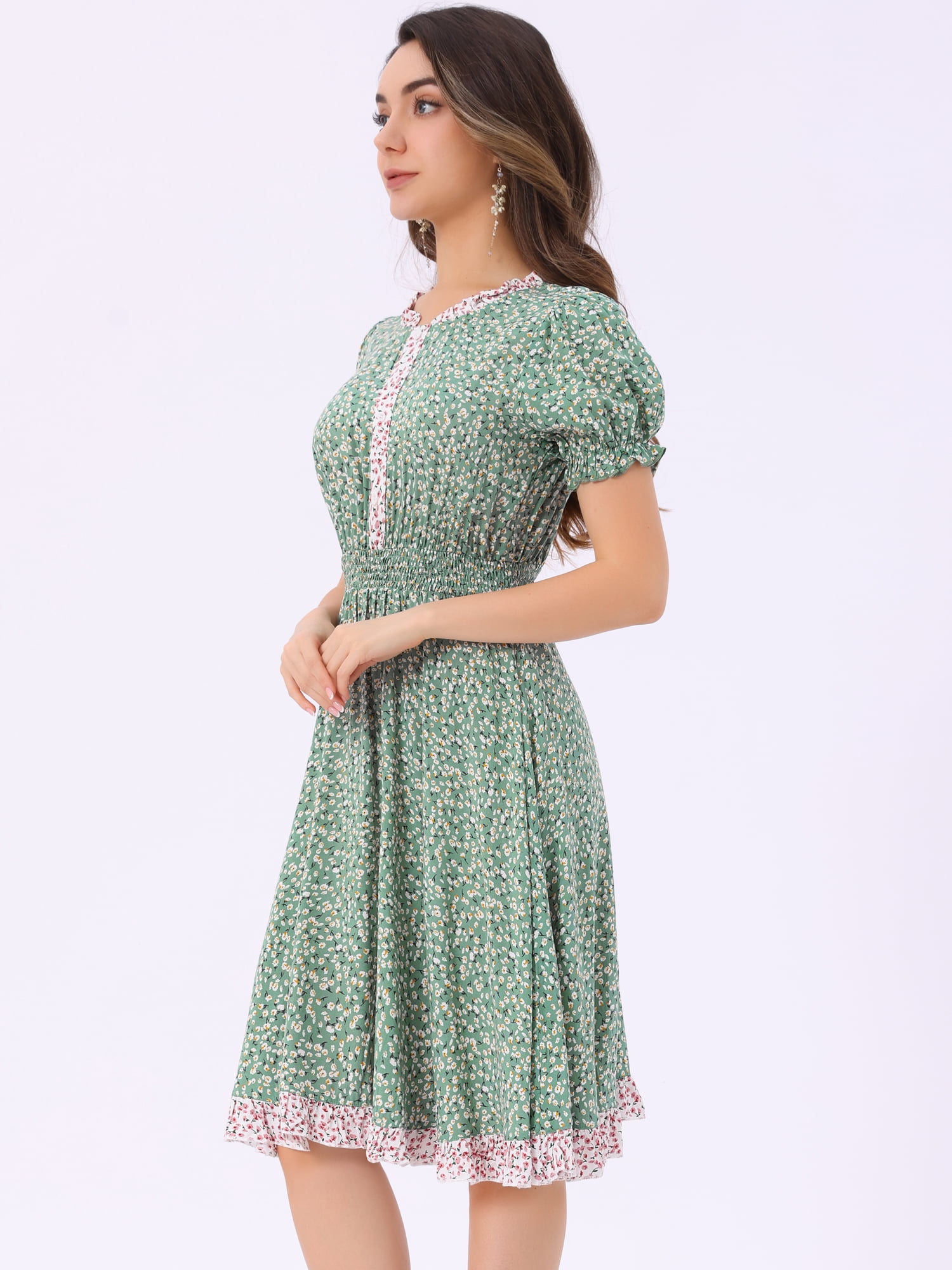 DARING DIVA Floral Ruffle Neck Smocked Waist Dress M Light Green