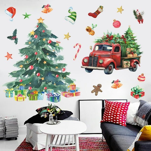 Adhesivos de pared con forma de árbol de Navidad, camión rojo, PVC, 60 x 40 cm