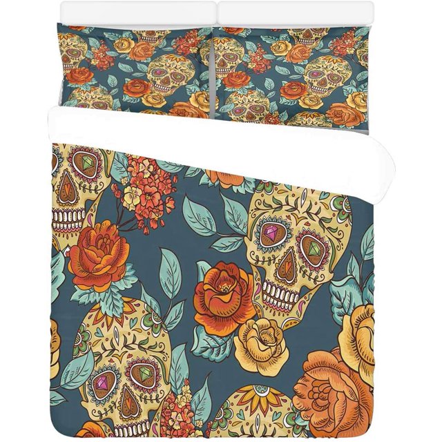 Juego de ropa de cama de 3 piezas ABPHQTO Funda de edredón de calavera con flores de diamante