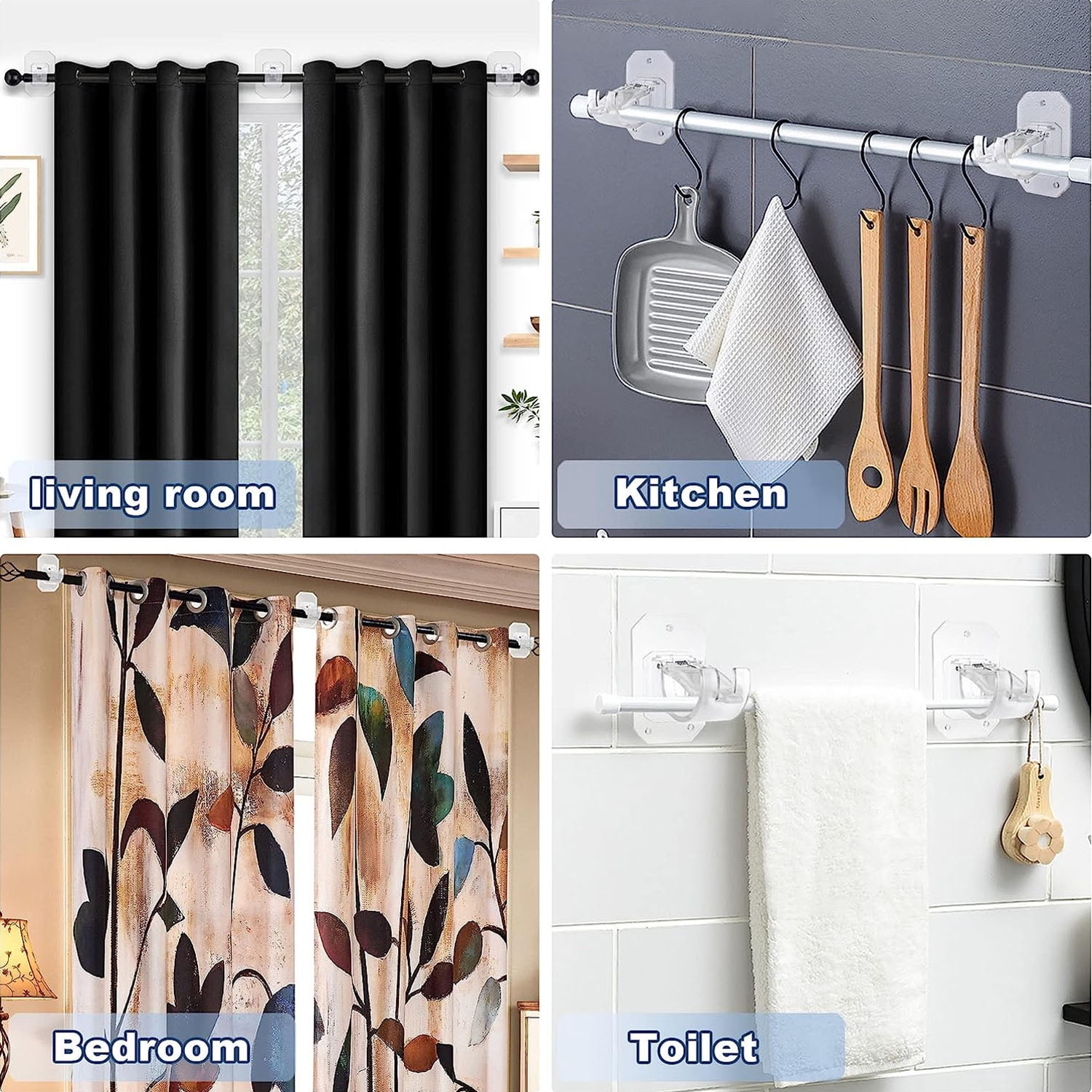 Genreen 8-Pack Self-Adhesive No-Drill Curtain Rod Brackets – Transparent, Nail-Free Adjustable Hooks for Bathroom & Kitchen