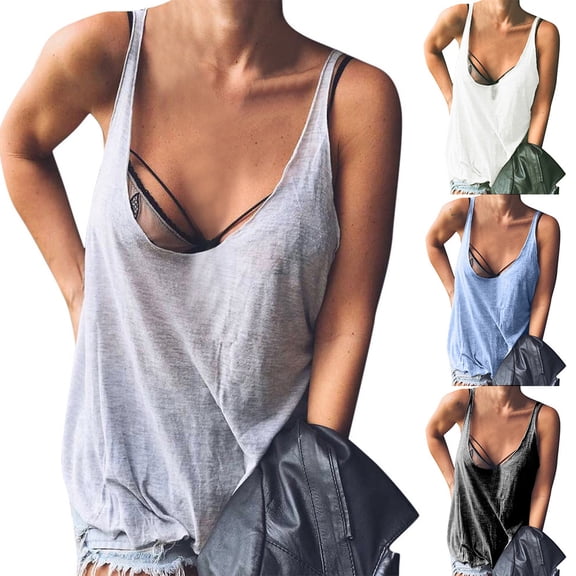 Joernso Women Casual Solid Color Sleeveless Low-cut Neck Tank Top Loose Cotton Vest