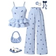 thumbnail image 2 of Ymyiu Summer Travel Outfits for Girl Toddler Baby Girl Clothes Summer Outfits Cute Button Ruffle Camisole Pants Set Size 9-10 Years(Light Blue, 9-10 Years), 2 of 7