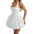 thumbnail image 2 of Women Sleeveless Halter Dress Casual Tie Up Backless Corset Bubble Beach Party Dress White S, 2 of 9
