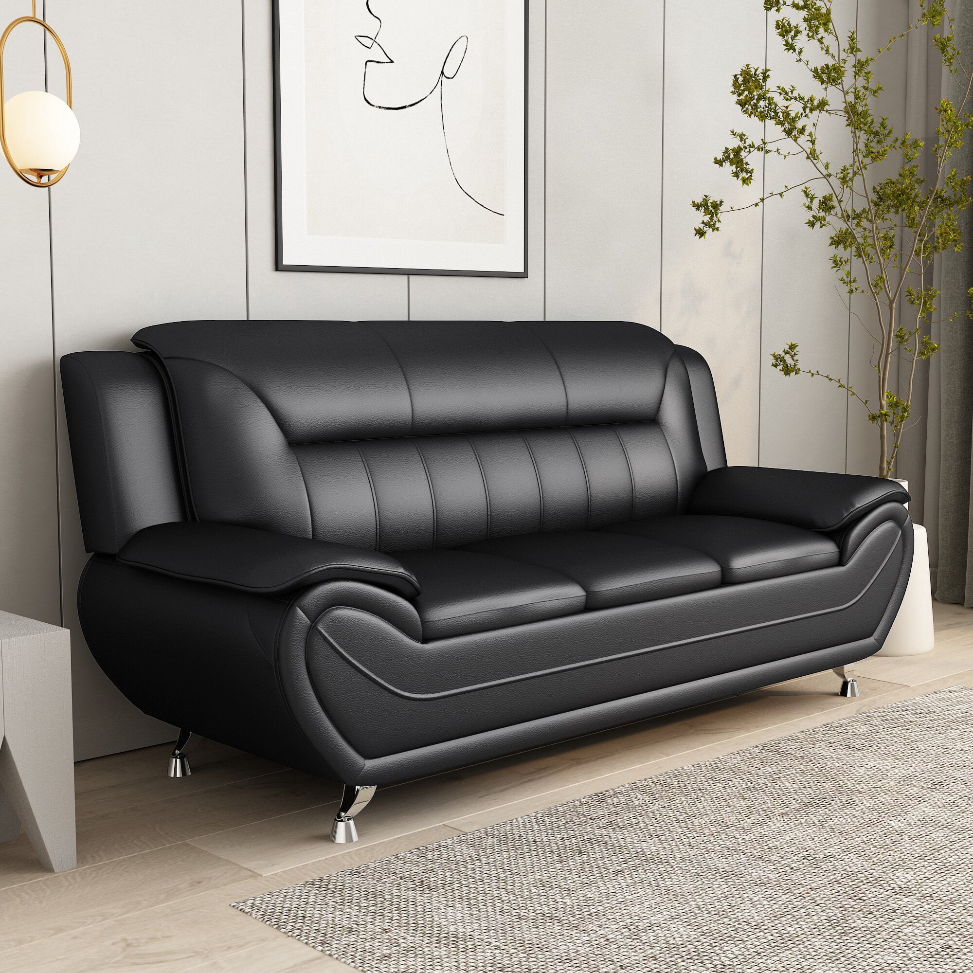 Uspridefurniture Sanuel 79.2" Faux Leather Pillow Top Arm Sofa,Black