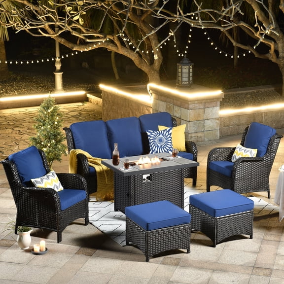 Ovios 6 Pieces Outdoor Furniture with CSA Fire Pit Wicker Patio Conversation Set All Weather Sectional Sofa for Porch