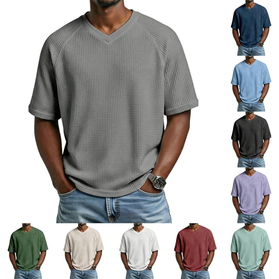 Men's V-Neck Raglan Short Sleeve T-Shirt, Waffle Knit Casual Tee with Contrast Sleeves, Plus Size Loose Fit Top Army Green L