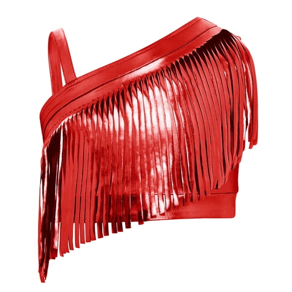 YiZYiF Girls Shiny Metallic Fringe Tassel Crop Top Music Festival Rave Party Jazz Latin Dance Vest Red 12