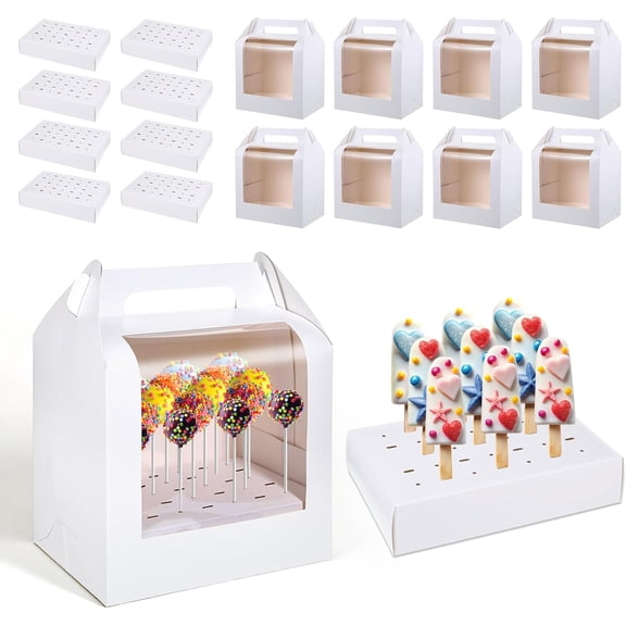 8 Pack Cake Pop Boxes Portable Cakepop Packaging Containers with Clear Window White Lollipop Cakesicle Display Holder Stand for Wedding Birthday Baby Shower Party