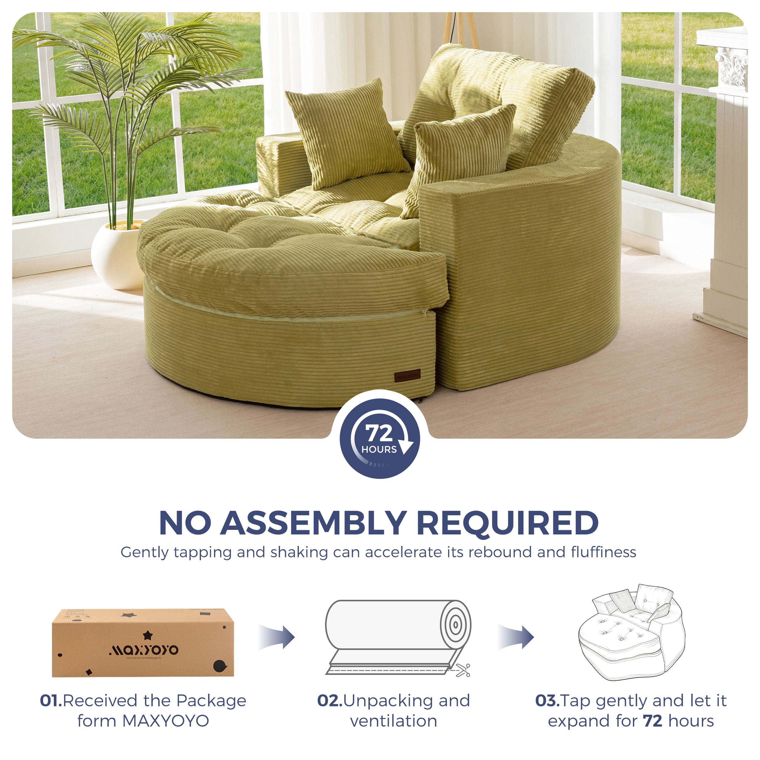 BYBYME 49''Round Chaise Lounge Chair,Corduroy Sofa Bed With Deep Seat,Upholstered Boneless Chaise Indoor,Cozy Sleeper Couch for Living Room with Ottoman,Green