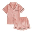 thumbnail image 3 of Mgmyaa Kids Lounge Set Girls Spring & Fall Thin Silk-like Solid Color Loungewear Long Sleeve Button Down Collar Shirt and Shorts Casual Homewear Set 6-14 Years, 3 of 7