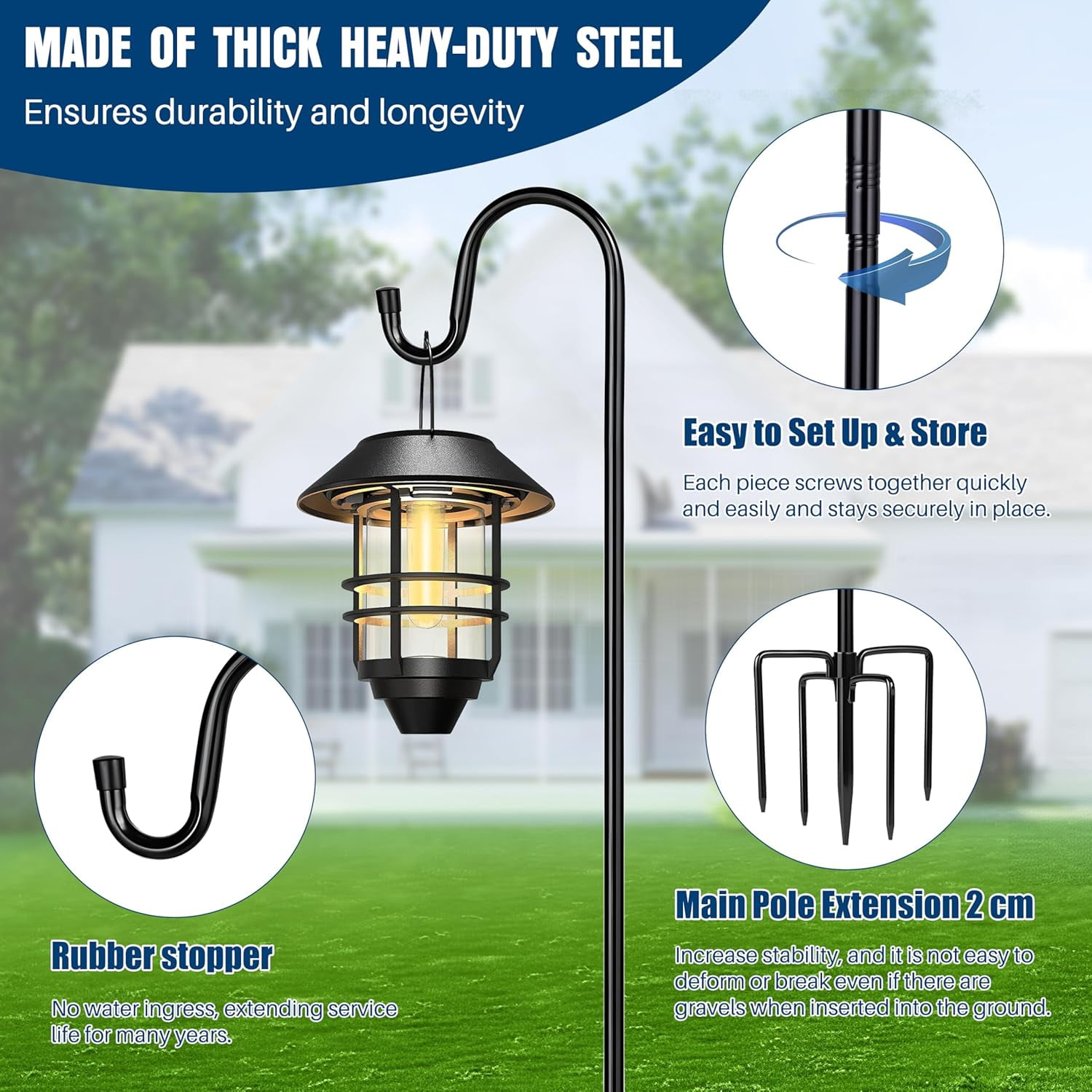 Shepherd Hooks with 5 Prongs Base for Outdoor - 76 Inch Adjustable Bird Feeder Pole for Outside Hanging, Garden, Hummingbird Feeder, Plant Baskets, Solar Light Lanterns, Wedding Decor (1 Pack)
