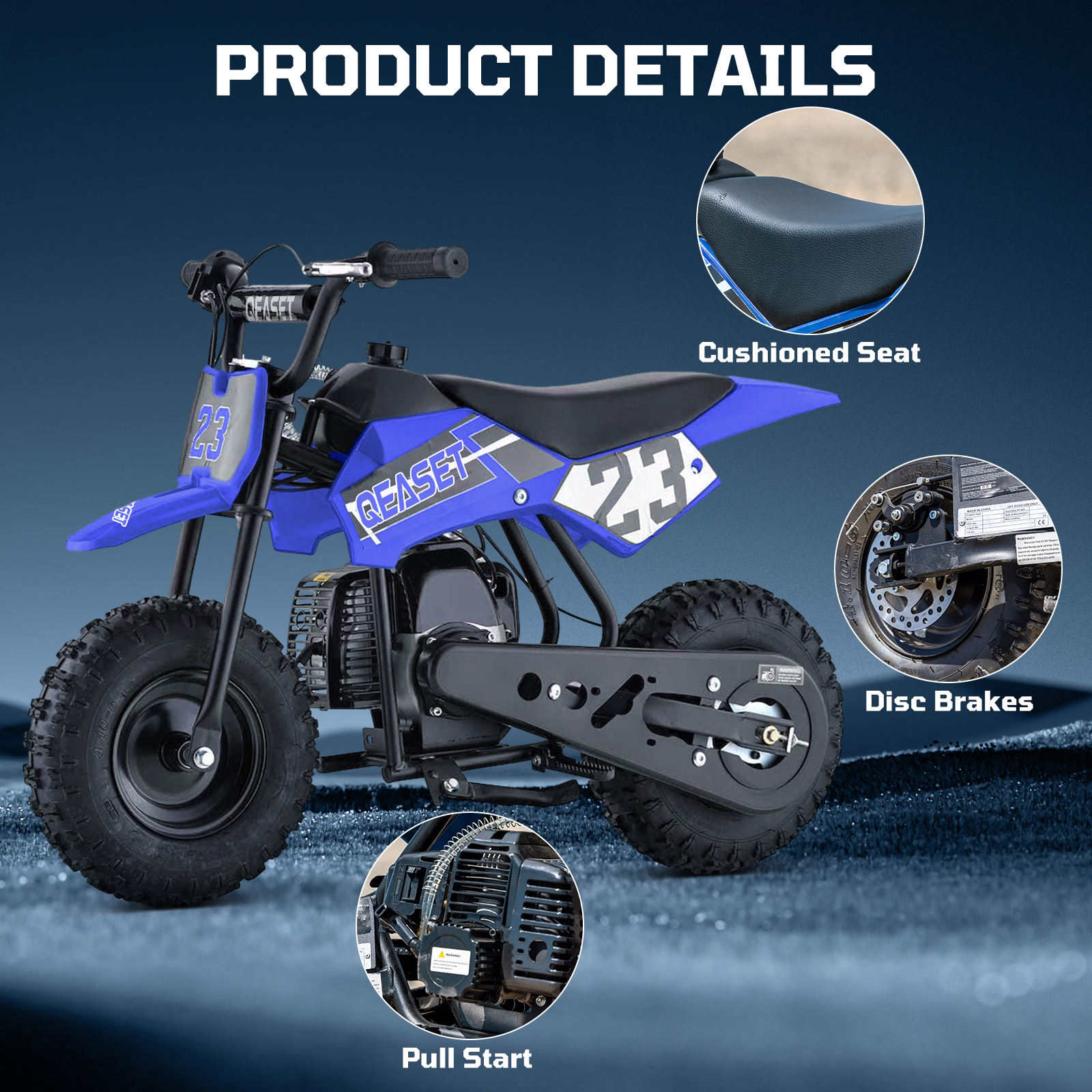 QEASET Mini Off-Road Dirt Bike, 49 CC 2-Stroke Gas Bike with Off-Rode Tire, Suspensions, Disc Brakes, Max Load 160Lbs, Max Speed 18Mph, Blue