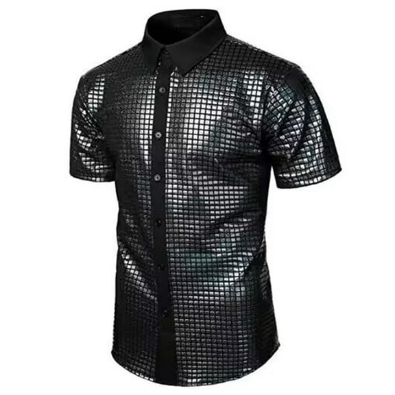 Happydeer Men Club Shirt Mens 70s Disco Costume Vinatge Turn-down Collar Reflective Shiny Sequins Short Sleeve Button Down Shirt (Black, M)