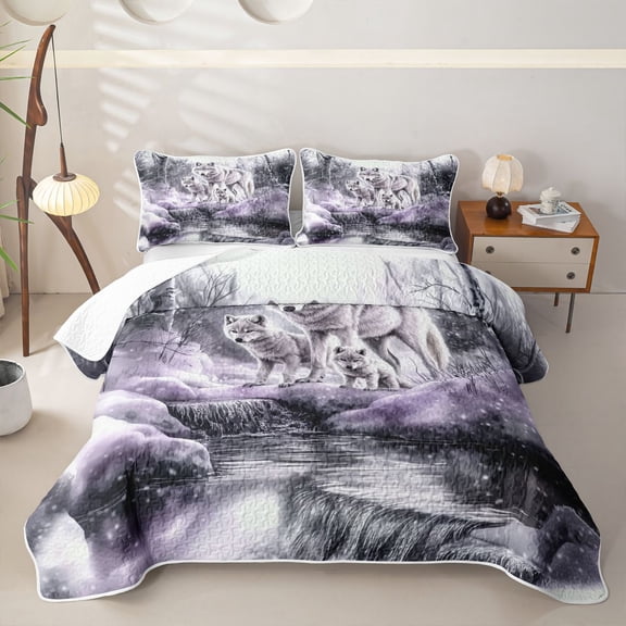 Manfei Vintage Wildlife Twin Quilt Set,Rustic Wolves Twin Coverlet Set,Gray,2pcs