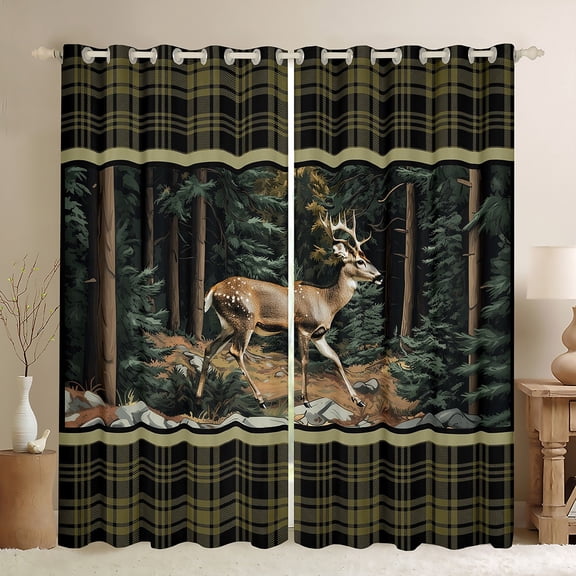 Feelyou Wildlife Deer Moose Men Black Out Curtains, Vintage Green Buffalo Curtains Pack of 2 (42x63 Each), Rustic Farmhouse Tree Bedroom Curtains, Window Curtains Home Decor