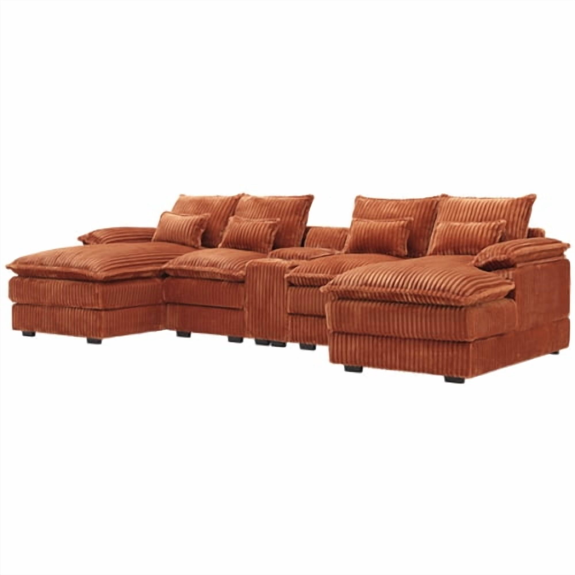 Howcool 124" U Shaped Cloud Couch Modular Sectional Couches for Living Room, Comfy Fluffy Corduroy Oversized Cloud Sectional Couch Large 6 Seat Sectionals Sofa Set Central Console USB Port,Orange
