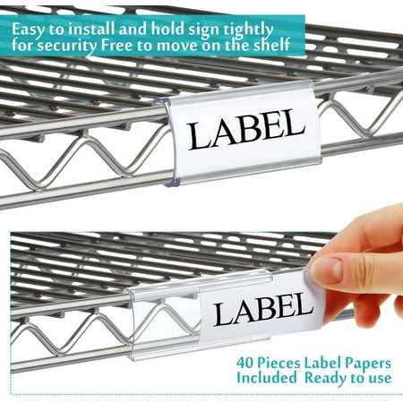 40 Packs Plastic Label Holders Wire Shelf Label Holders Clear Plastic Label Holders 3 x 1.25 Inches Compatible with Metro 1 1/4 Inches Shelves Only, ...