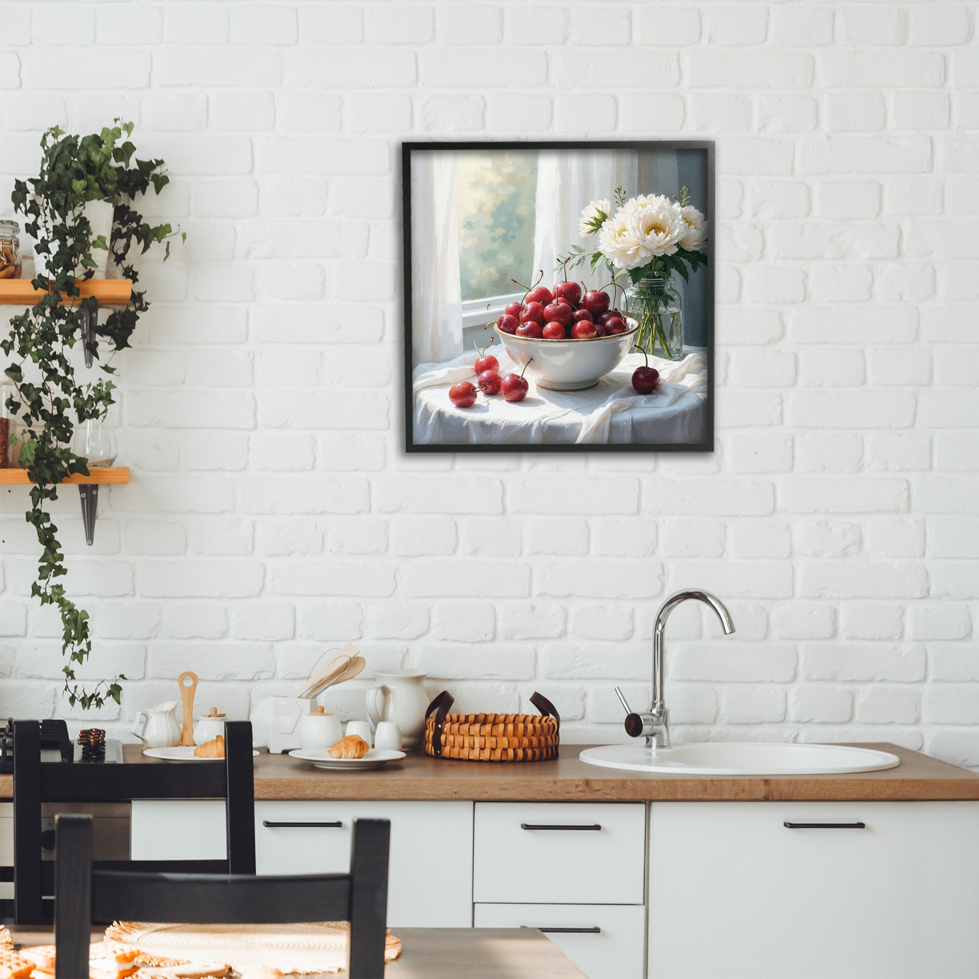 Cherries & Flowers Still Life Black Framed Giclee Art, design by Lettered and Lined