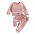 thumbnail image 1 of xiaxaixu Infant Baby Girl Clothes Suits Solid Color Long Sleeve Crew Neck Waffle Tops and Drawstring Elastic Waist Long Pants 2Pcs Set, 1 of 8