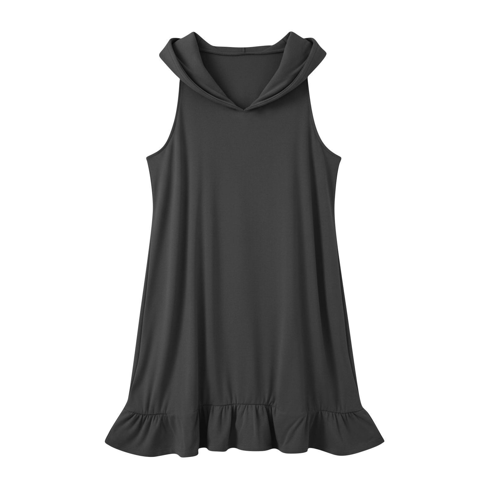 BiZtdJrK Womens Summer Hooded Sleeveless Dress Casual Loose Fit Solid Mini Sundresses Ruffle Hem Flowy Tank Dresses, Dark Gray, XXL