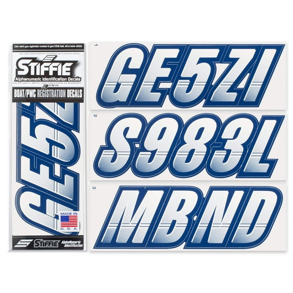 STIFFIE Techtron White/Navy 3" Alpha-Numeric Identification Custom Kit Registration Numbers & Letters Marine Stickers Decals for Boats & Personal Watercraft PWC