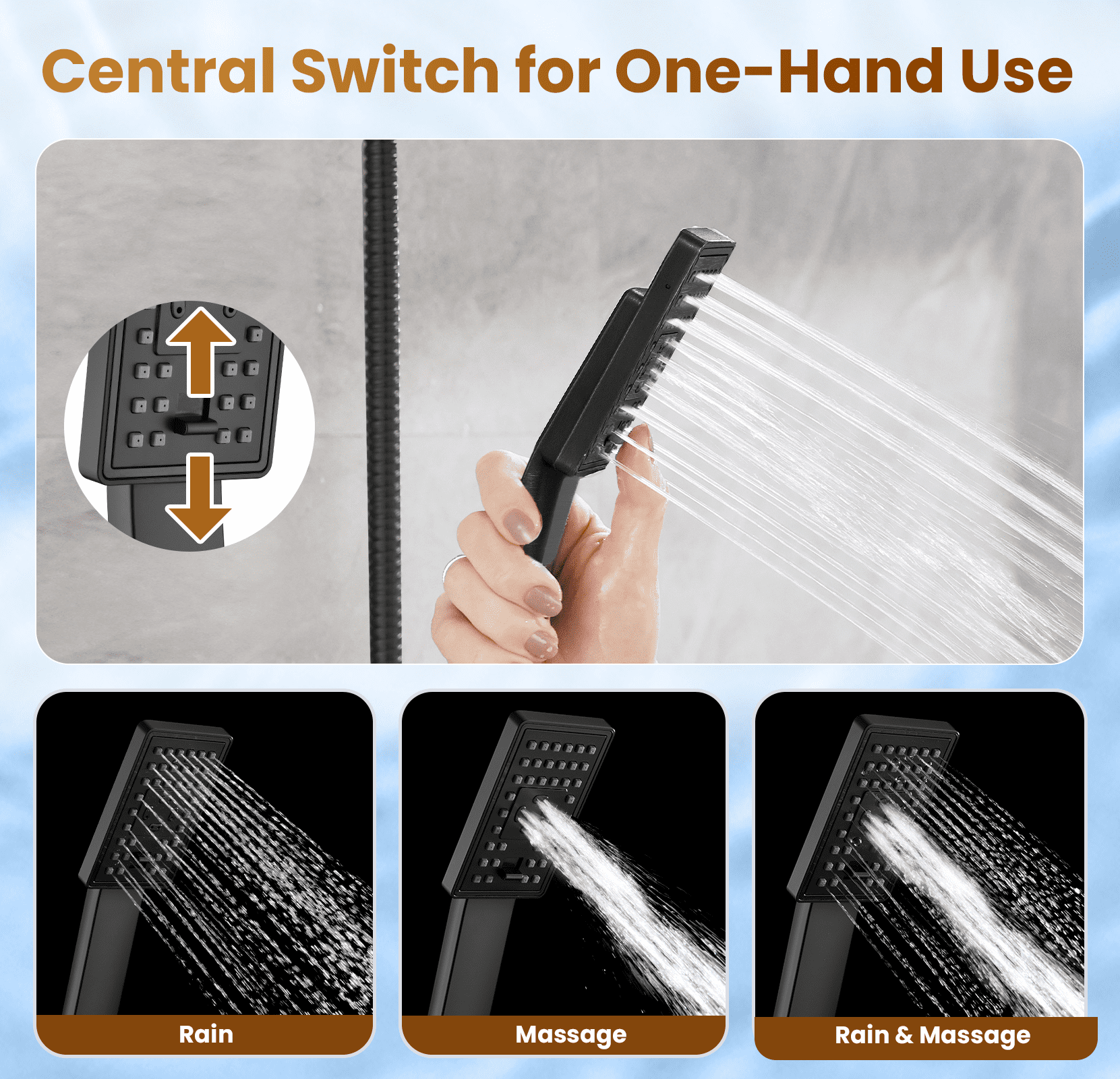 BRIGHT SHOWERS Rain Shower Head with Handheld Spray 5 ft. Shower Hose Combo Includes Wall Mount Suction Bracket 3-Way Water Diverter Mount (8 Inch Square, Matte Black)