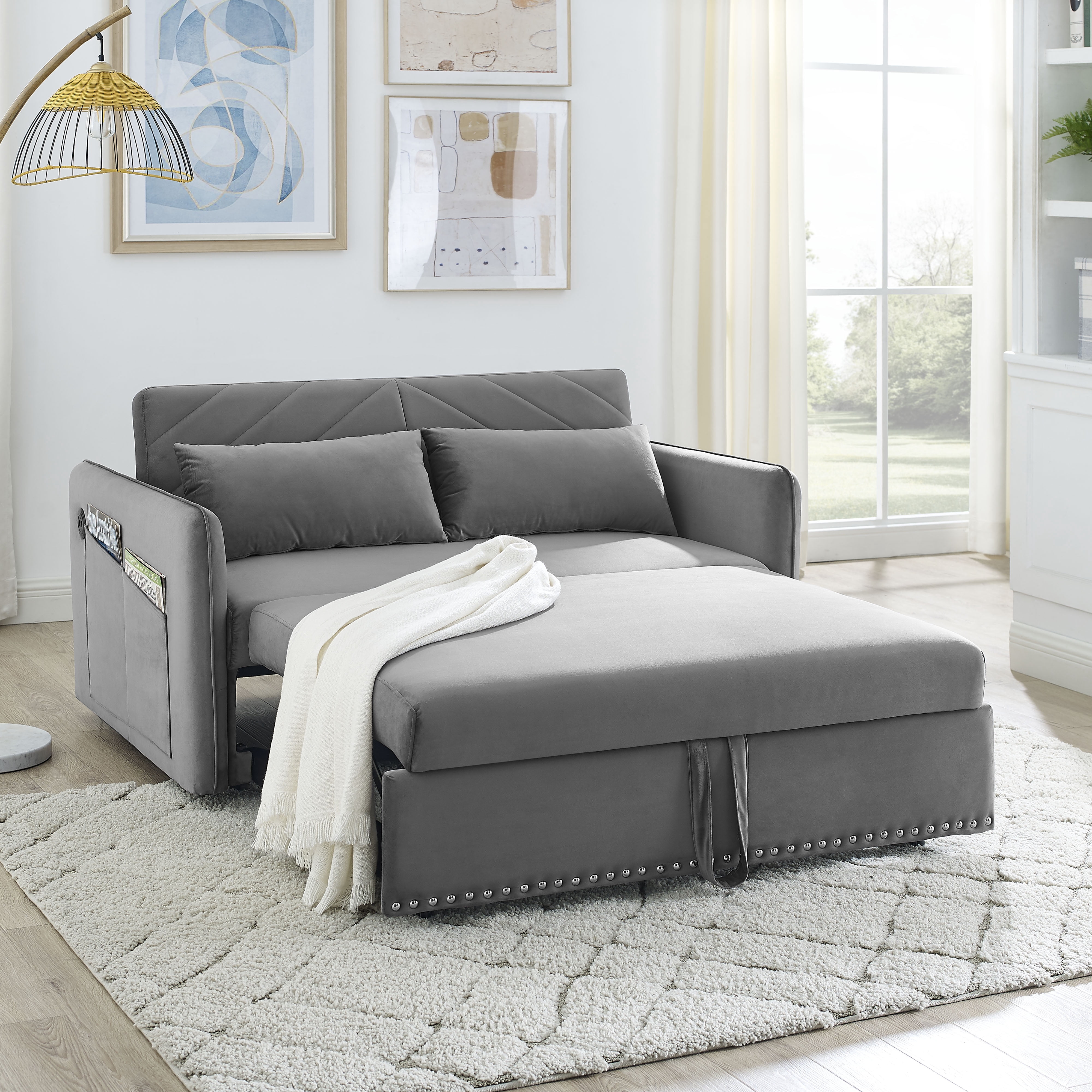 MAYEERTY Sleeper Sofa Bed with USB, 3-in-1 Adjustable Pull-Out Bed & Side Pocket (Velvet)