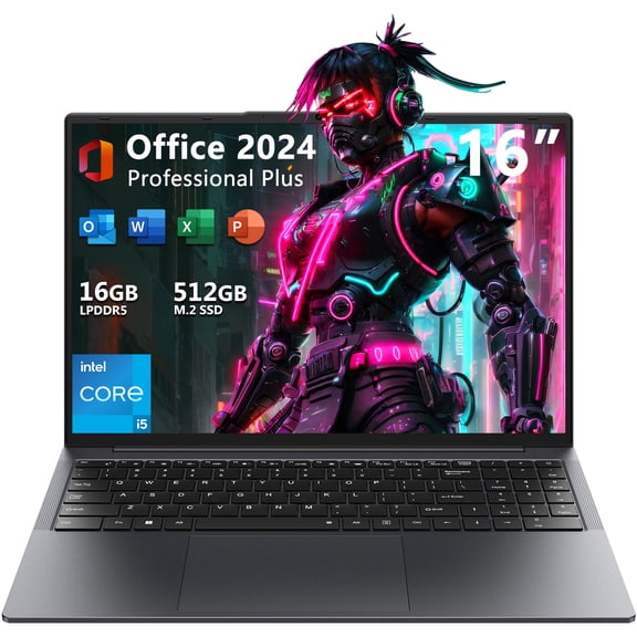 16" Laptop Computer,Intel Core i5,16GB RAM 512GB SSD,Windows 11 Pro Notebook PC,MS Office 2024,100% sRGB Color Gamut FHD Display,Dual Band Wi-Fi,Webcam