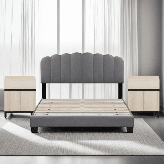Wampat Queen Bed Frame & 2 Nightstands, Grey & Brown, Upholstered, No Box Spring Needed