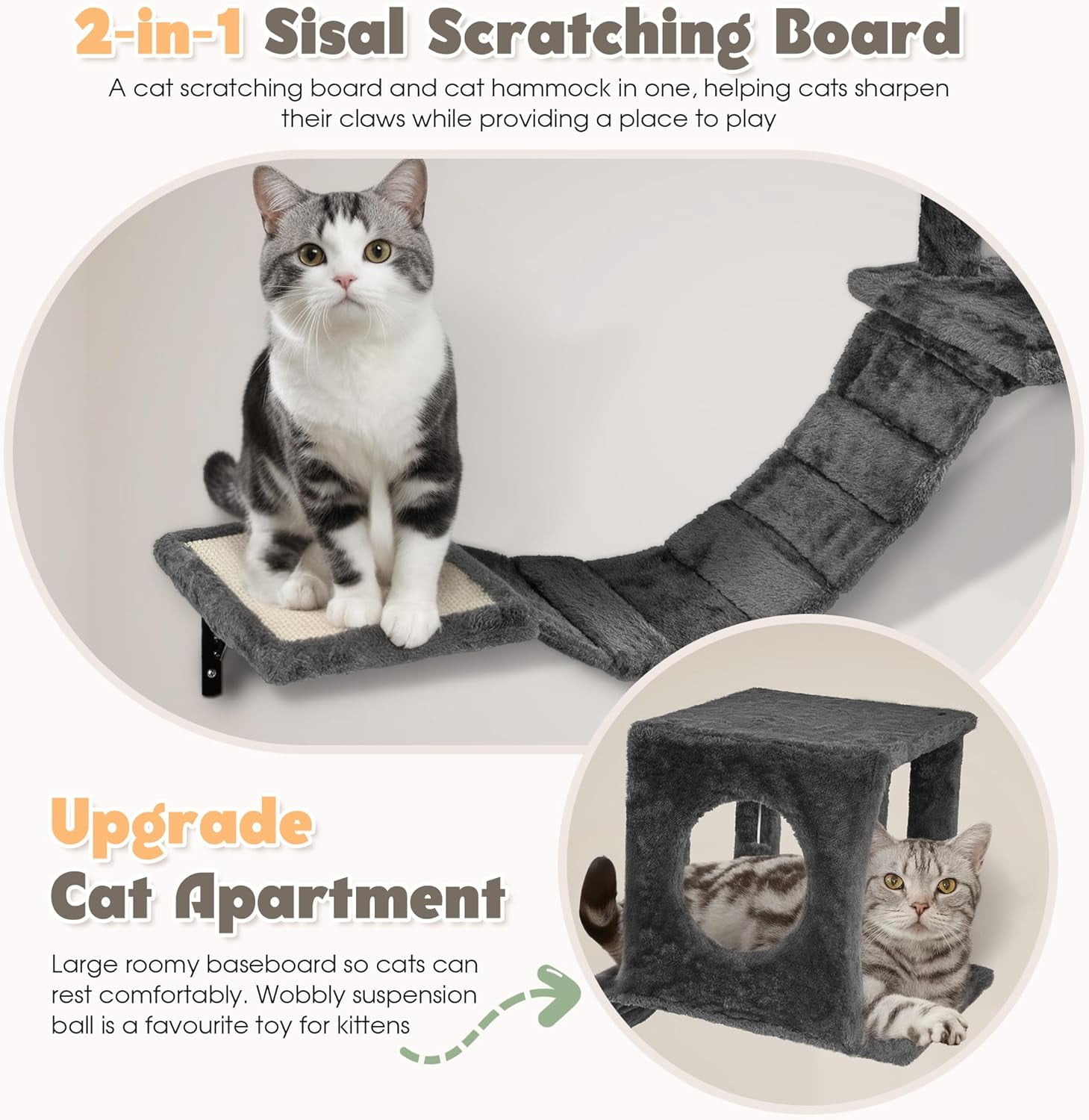 SONGMY 7-in-1 Wall Mounted Cat Climber Set, Cat Furniture Set with House, Bridge, Tree, Steps, Scratcher, DIY Playground, Shelves for Indoor Wall Furniture Set - Dark Gray